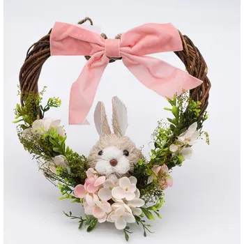 DECOLED Velikonoční věnec ve tvaru srdce, prům. 28x8x28 cm, proutí, květy a zajíc