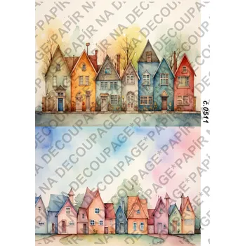 Umělecký papír Rýžový a soft papír na decoupage - Domy ulice - KB0511 Materiál: Soft, Rozměr: A4