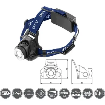 GTV Čelová baterka LED LT-LC6WT3-60 na baterie 6W, 350 lm, 6400K, 275 m, IP44, černá