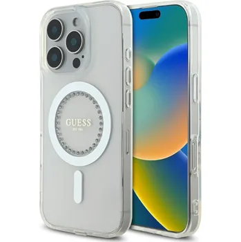 Pouzdro na mobilní telefon Guess IML Rhinestones Ring MagSafe Zadní Kryt pro iPhone 16 Pro White Guess IML Rhinestones Ring MagSafe zadní kryt na telefon je skvělým doplňkem pro všechny milovníky stylu a praktičnosti. Tento kr
