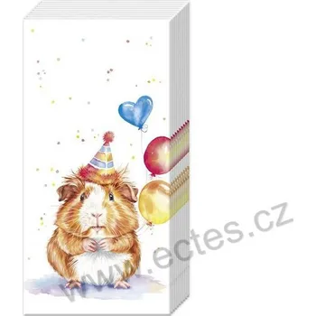 Papírový ubrousek IHR BIRTHDAY KALLI papírové kapesníčky roztomilé morče s párty kloboukem a balónky 10 ks