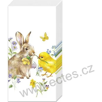 Papírový ubrousek IHR BUNNY AND CHICK papírové kapesníčky hnědý králík a žluté kuřátko mezi květinami 10 ks