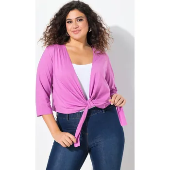 Bolerko Ulla Popken, Plus size Bolerko, krátká bunda, žerzej, výstřih do V, 3/4 rukávy, uzel na lemu pro plnoštíhlé nadměrná velikost, 794514807-1129, růžový, 46/48, Nadměrné velikosti, Plus size oblečení, Oblečení pro boubelky, Oblečení pro baculky, Oblečení pro