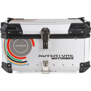 CENTRÁLNÍ HLINÍKOVÝ MOTOCYKLOVÝ KUFR 65L PRO 2 PŘILBY, BÍLÝ S GRAFIKOU