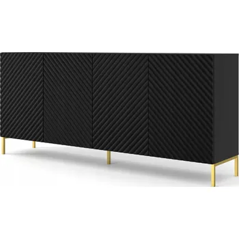 Komoda Komoda SURF 200 cm 4D frézovaná černá matná, zlaté nožičky