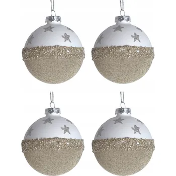 Vánoční dekorace SADA 4 SKLENĚNÝCH BÍLO-ZLATÝCH VÁNOČNÍCH OZDOB VE TVARU HVĚZD