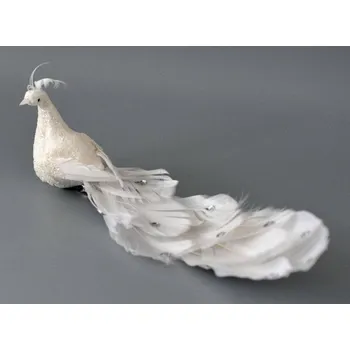 Vánoční dekorace Páv z pírek a klipem - BÍLÝ