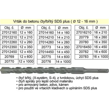 Vrták Vrták do betonu čtyřbřitý SDS plus 16x 450mm (TR4200534)!!