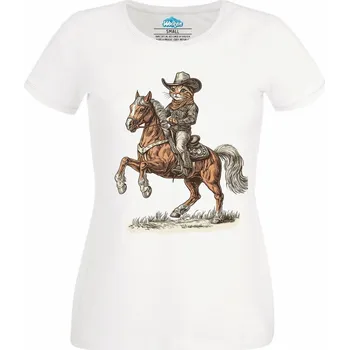 Dámské tričko Kovboj Kocour v Botách na Koni (Velikost: 4XL, Barva: Bílá)