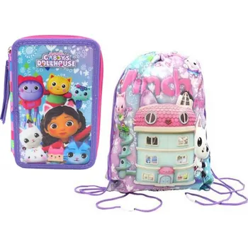 Penál Školní třípatrový plně vybavený penál Gabby´s Dollhouse + sáček zdarma
