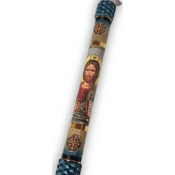 Svíčka Svíce s ikonou Krista Pantokratora – modrozlatý akcent a hluboký duchovní výraz