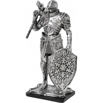 Figurka Rytíř SOCHA Z PRYSKYŘICE ve stříbrném brnění, stojící v bojové pohotovosti C