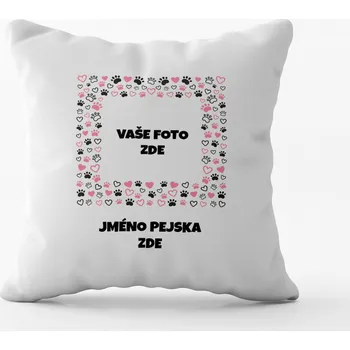 Polštář TvůjHrneček Polštář s vlastní fotkou a potiskem tlapek a srdíček ve čtverci - 40x40cm Růžová