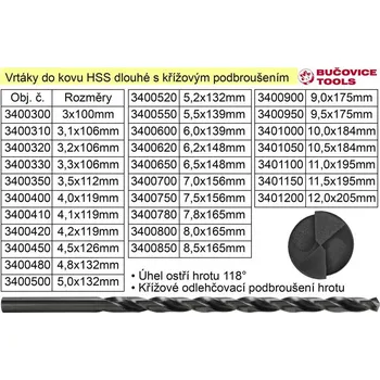 Dílna BUČOVICE TOOLS a.s. Vrták do kovu HSS 4,8x132mm prodloužený