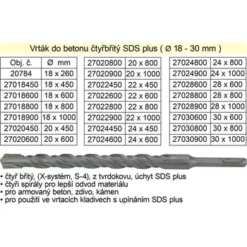 Příslušenství k vrtačce Vrták do betonu čtyřbřitý SDS plus 24x 800mm