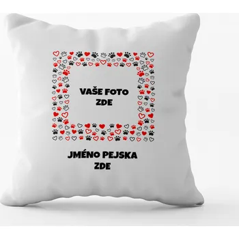 Polštář Bílý polštář s vlastní fotkou a potiskem tlapek a srdíček ve čtverci - 40x40cm Barva: Červená