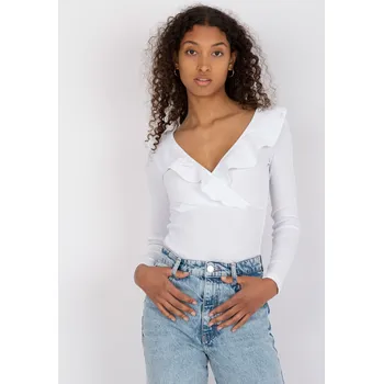 Dámské tričko Bílé žebrované tričko s výstřihem s volánem -RV-BZ-7837.61P-white Velikost: M