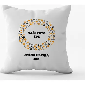 Polštář Bílý polštář s vlastní fotkou a potiskem tlapek a srdíček v kruhu - 40x40cm Barva: Oranžová