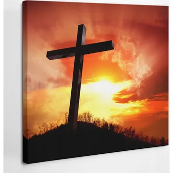 Obraz Výtisk na Plátně Obraz Dekor Kříž a západ slunce 40x40 cm