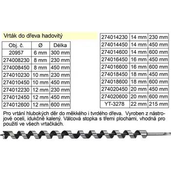 Vrták Vrták do dřeva hadovitý samostatný 12x450mm