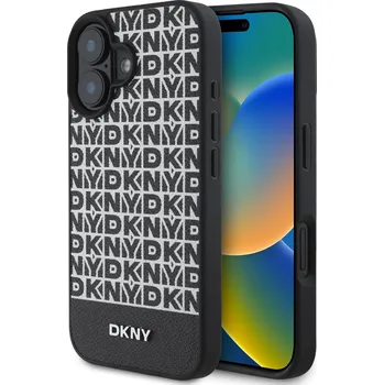 Pouzdro na mobilní telefon DKNY PU Leather Repeat Pattern Bottom Stripe MagSafe kožený Kryt pro iPhone 16 Barva: Černá