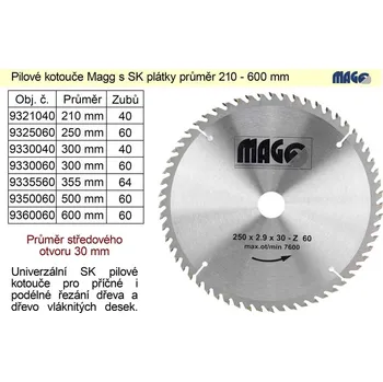 Pilový kotouč MAGG Pilový kotouč s SK plátky 205x30mm 60 zubů Magg