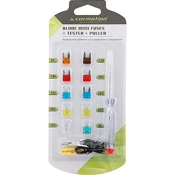 Autoelektrika MINI PLOCHÉ POJISTKY, 10 KS + ZKOUŠEČKA NAPĚTÍ 6-24V + CHŇAPKA CARMOTION