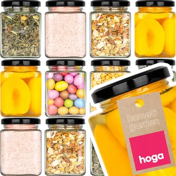 Sklenice 12x SKLENĚNÁ ZAVAŘOVACÍ SKLENICE ČTVERCOVÁ UZAVÍRATELNÁ NÁDOBA 230ml ČERNÉ VÍČKO