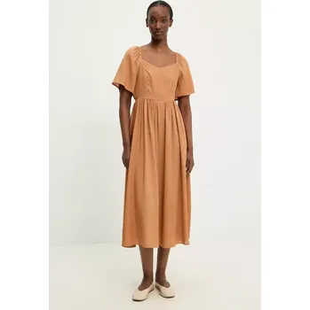 Dámské šaty Lněné šaty Answear.LAB hnědá barva, midi 8868.b.flk 88X, vel. S