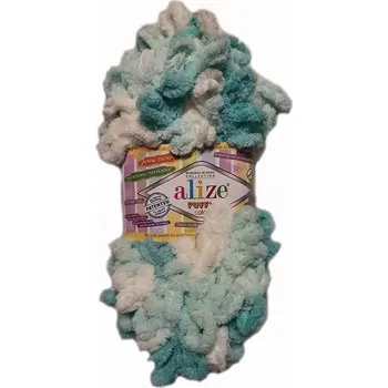 Příze Alize Puffy Color 5891 Tyrkys Bílá (Příze Puffy Color 5891)