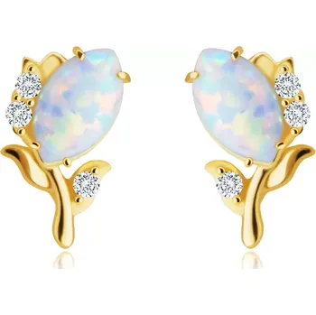 Náušnice Diamantové náušnice ze 14K žlutého zlata - květ s bílým syntetickým opálem, brilianty