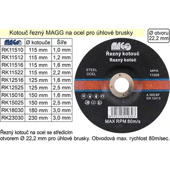 Řezný kotouč MAGG Kotouč řezný na ocel 115x1,0mm