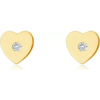 Náušnice Diamantové náušnice ze 14K žlutého zlata - srdíčko s drobným briliantem