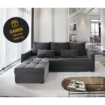 Sedací souprava Rozkládací rohová sedačka SAVONA tmavě šedá + taburet zdarma