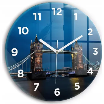 Hodiny Moderní skleněné hodiny s grafikou na zeď Tower Bridge Londýn v noci průměr 30 cm