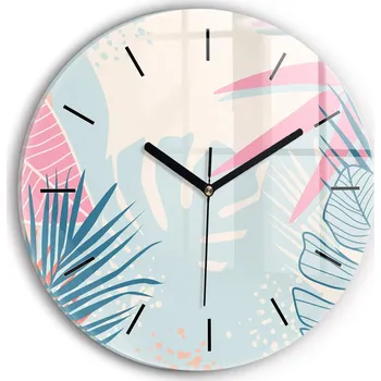Hodiny Moderní skleněné nástěnné hodiny Pastelové listy – tropické kulatý průměr 30 cm