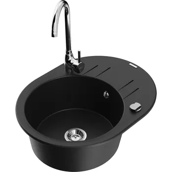 Granitový dřez MEXEN/S - Kevin granitový dřez s odkapávačem včetně baterie Telma, černá 6517-77-670200-00