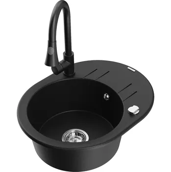 Granitový dřez MEXEN/S - Kevin granitový dřez 1-miska s odkapávačem včetně baterie Elia, černá 6517-77-670101-70