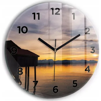 Hodiny Moderní skleněné nástěnné hodiny Západ slunce nad jezerem kulatý průměr 30 cm
