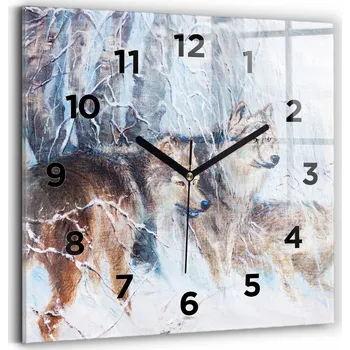 Hodiny Čtvercové Skleněné Nástěnné Hodiny do Kanceláře se Vzorem Vlci v lese 30x30 cm