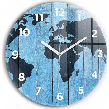 Hodiny Nástěnné čtvercové skleněné hodiny s motivem Mapa světa na prknech, průměr 30 cm