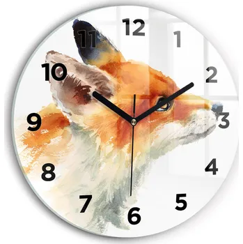 Hodiny Moderní skleněné nástěnné hodiny s potiskem Akvarelová mladá liška průměr 30 cm