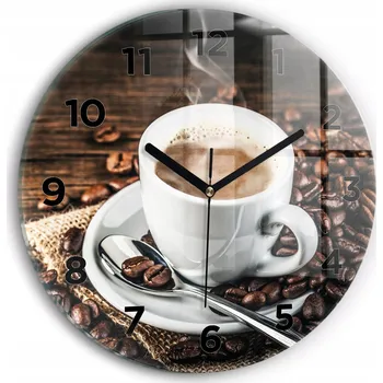 Hodiny Moderní skleněné hodiny s grafikou na zeď Šálek a zrnka kávy průměr 30 cm