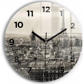 Hodiny Moderní skleněné hodiny s grafikou na zeď Panorama Paříže kulatý průměr 30 cm