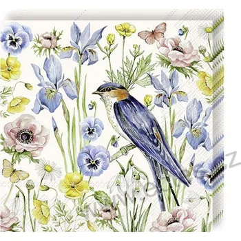 Papírový ubrousek IHR SPRING BLOOMS papírové dezertní ubrousky rozkvetlé jarní květiny a modrý ptáček vlaštovka 20 ks