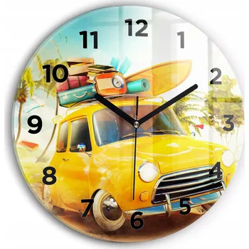 Hodiny Ozdobné nástěnné hodiny s krásnou grafikou Auto se surfovacím prknem průměr 30 cm