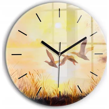 Hodiny Skleněné nástěnné hodiny do kanceláře s grafikou Jeřábi při západu slunce fi60 cm