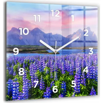 Hodiny Čtvercové skleněné nástěnné hodiny s motivem Výhled na hory Island, 60x60 cm