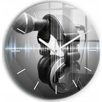 Hodiny Moderní skleněné nástěnné hodiny s potiskem Mikrofon a Sluchátka průměr 30 cm