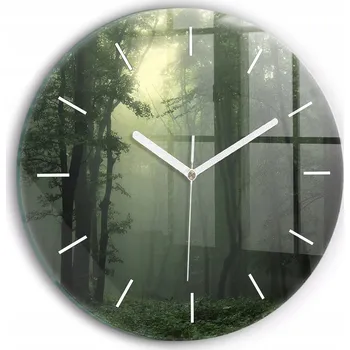 Hodiny Moderní skleněné foto hodiny na zeď Mlhavý les za úsvitu kulatý průměr 30 cm
